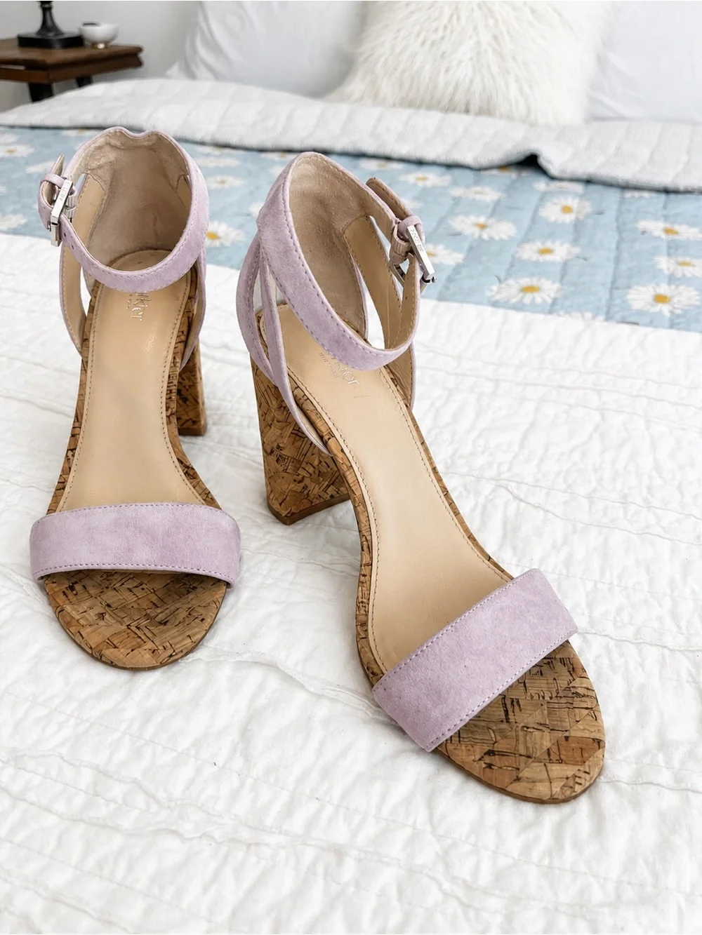 Anthropologie Botkier Gianna Ankle-Strap Suede Cork Heel Sandals Lilac Size 7.5